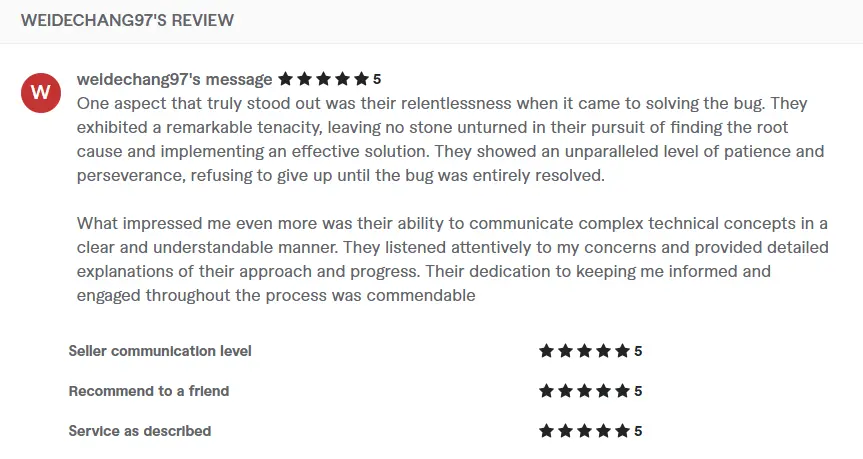 Positive feedback for a reliable freelance backend developer.